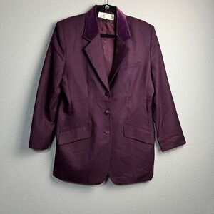 Casual Corner Womens Blazer Jacket Plum Velvet Collar Wool Blend Button Front LG